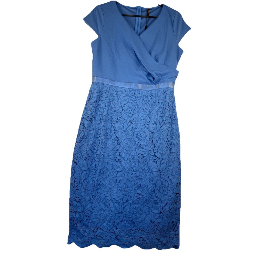 Blue Lace Midi Dress Womens Large V Neck Cap Sleeve Cocktail Wedding NWT MIUSOL